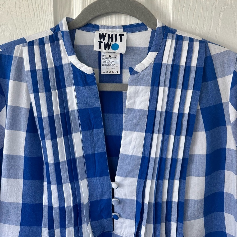 Anthropologie Whit Two Blue and White Pleated Puff Sleeve Gingham Dress - Picture 7 of 10
